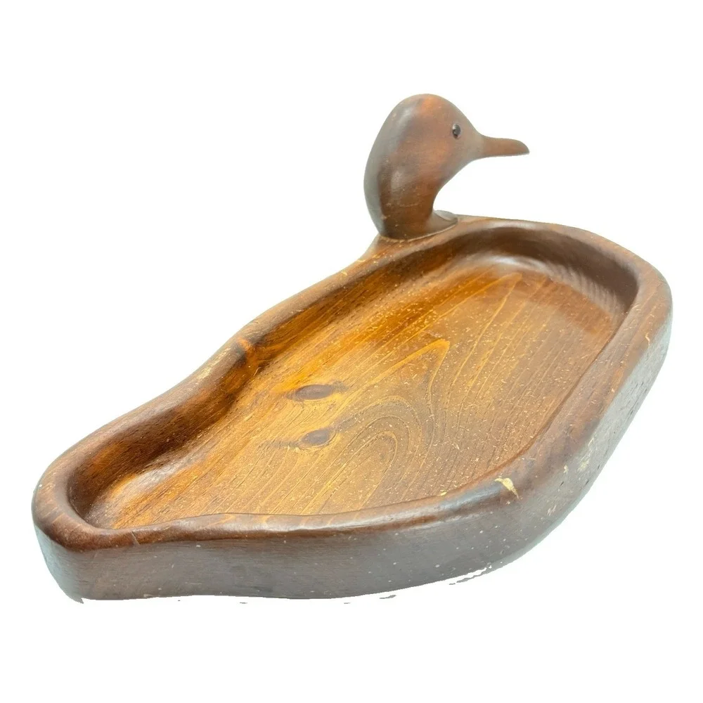 Vintage Hand Carved Wooden Duck Catchall Tray MCM Danish Modern Valet Dish 13